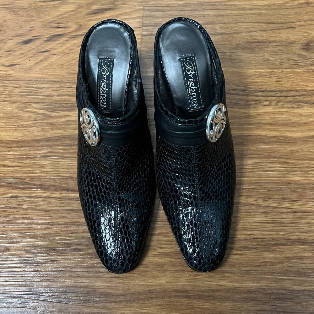Brighton Black Snake-Embossed Leather Mules with Silver Accent